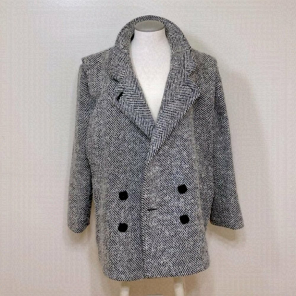 VINTAGE Foxland Petites Double Breasted Herringbone Wool Blend Pea Coat